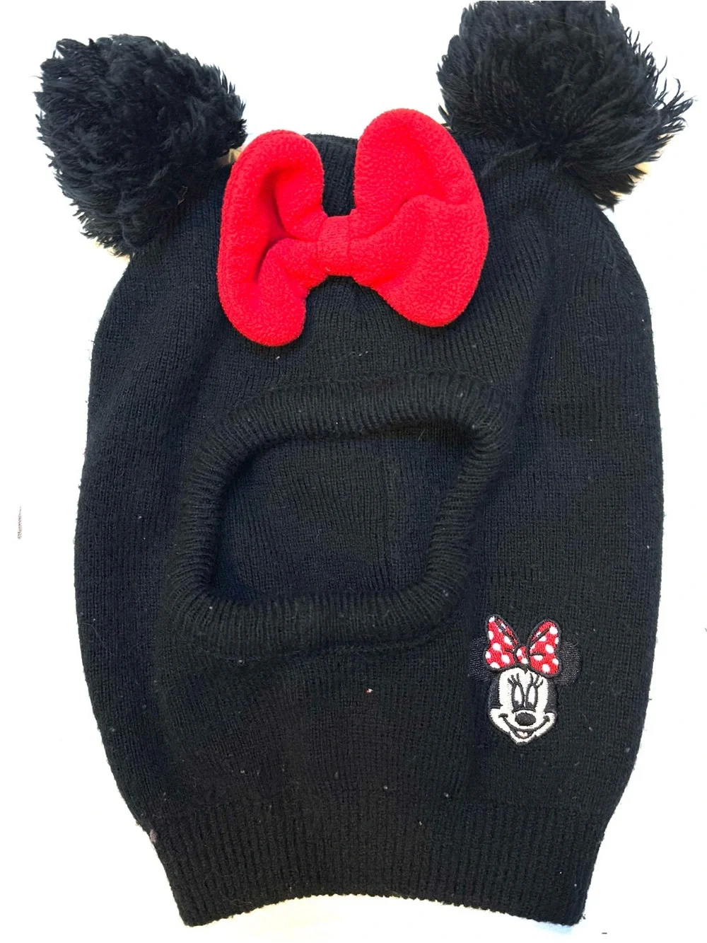 Disney Black Knit Minnie Balaclava Hat with Red Bow and Pom Ears